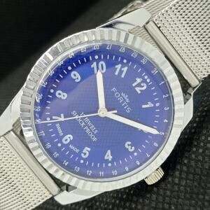 Vintage 1984 Fortis Manual Mens Silver Watch W/Metal Strap & Blue accents